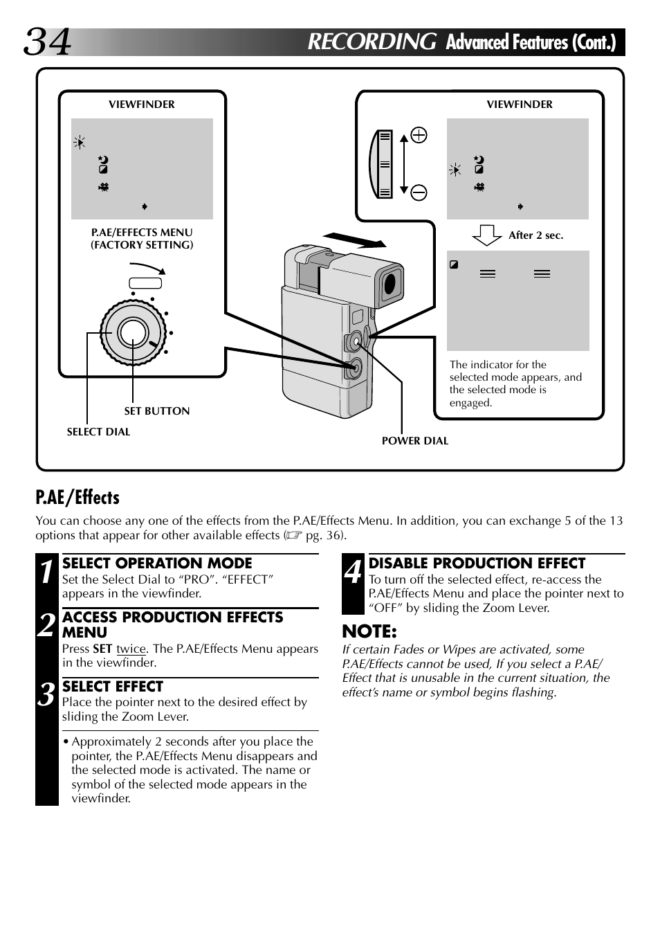Recording, Advanced features (cont.), P.ae/effects | JVC GR-DVJ70 User Manual | Page 34 / 72