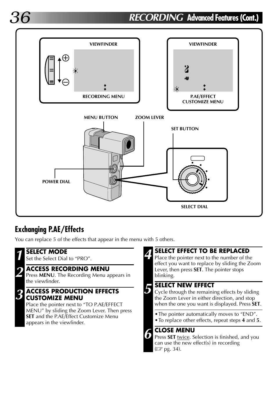 Recording, Advanced features (cont.), Exchanging p.ae/effects | JVC GR-DVJ70 User Manual | Page 36 / 72