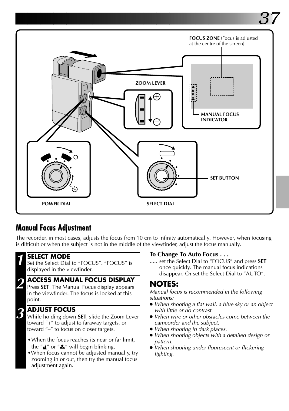 Manual focus adjustment | JVC GR-DVJ70 User Manual | Page 37 / 72