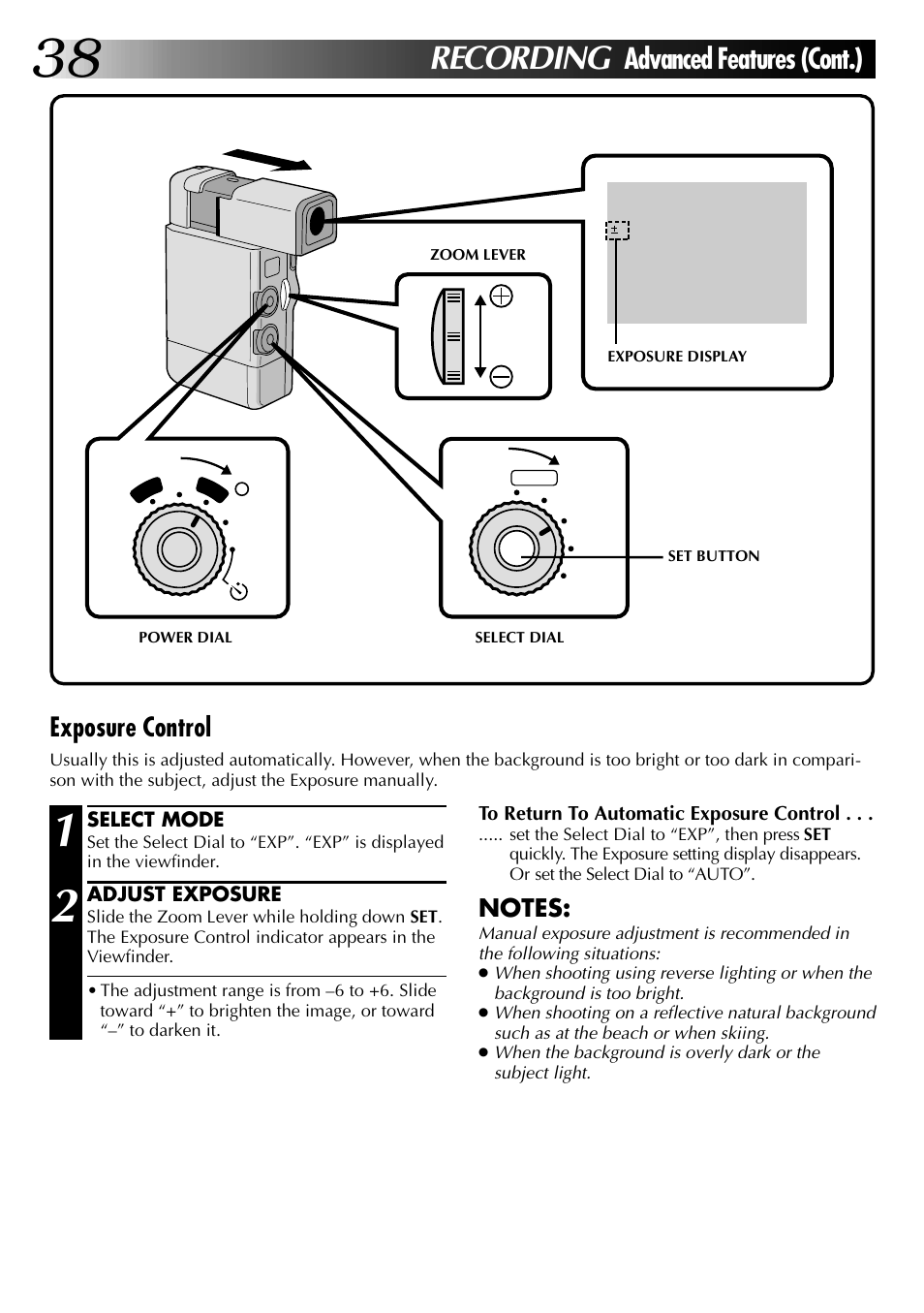 Recording, Advanced features (cont.), Exposure control | JVC GR-DVJ70 User Manual | Page 38 / 72