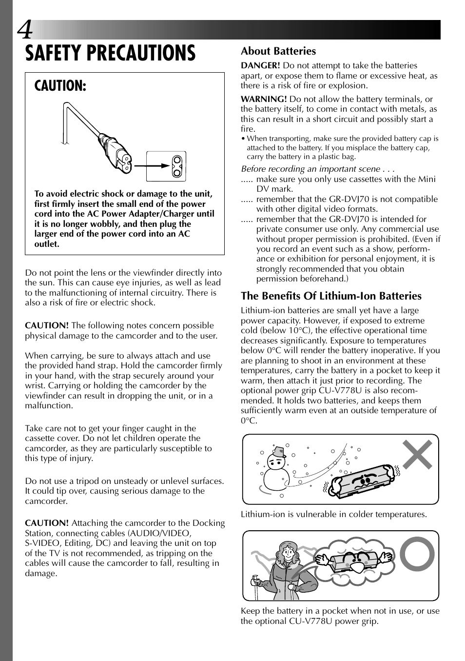 Safety precautions, Caution | JVC GR-DVJ70 User Manual | Page 4 / 72