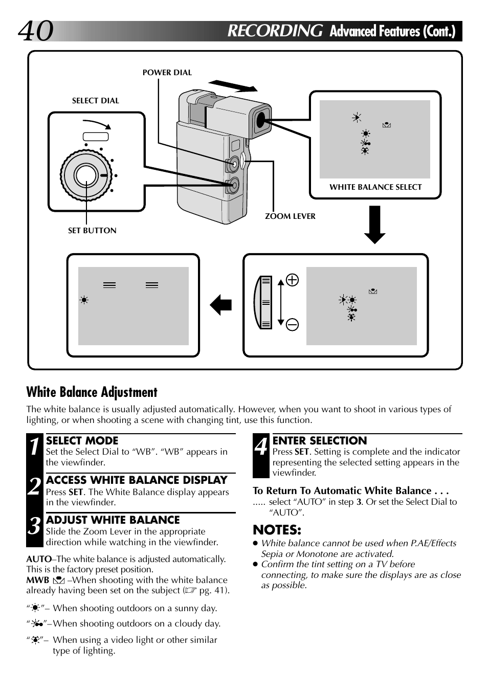 Recording, Advanced features (cont.), White balance adjustment | JVC GR-DVJ70 User Manual | Page 40 / 72