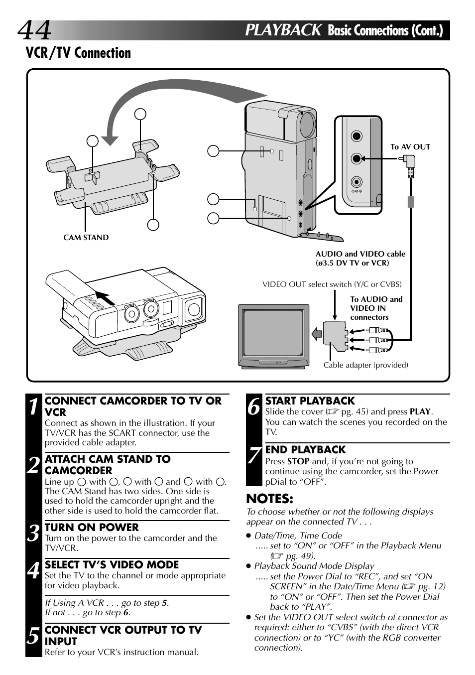 Playback, Vcr/tv connection, Basic connections (cont.) | JVC GR-DVJ70 User Manual | Page 44 / 72