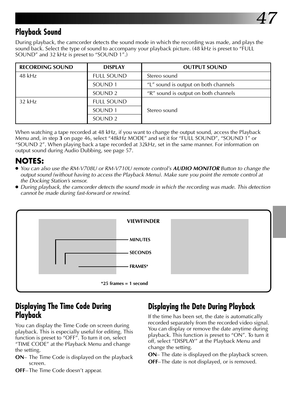 Playback sound, Displaying the time code during playback, Displaying the date during playback | JVC GR-DVJ70 User Manual | Page 47 / 72