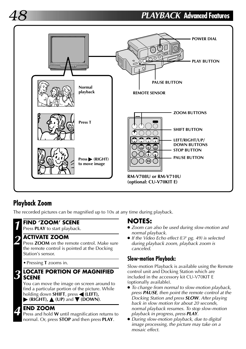 Playback, Advanced features, Playback zoom | JVC GR-DVJ70 User Manual | Page 48 / 72