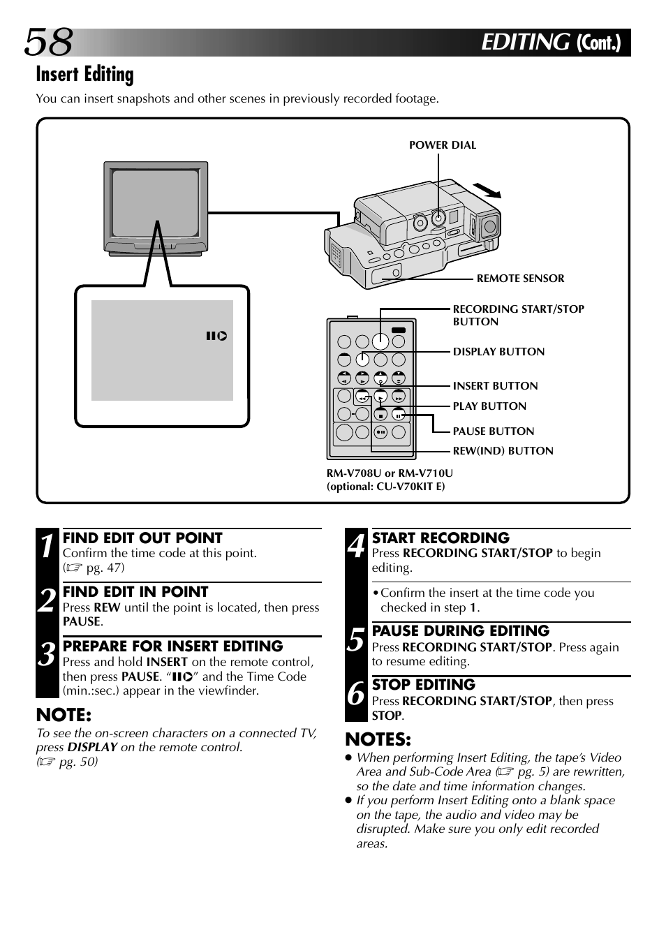 Editing, Insert editing, Cont.) | JVC GR-DVJ70 User Manual | Page 58 / 72