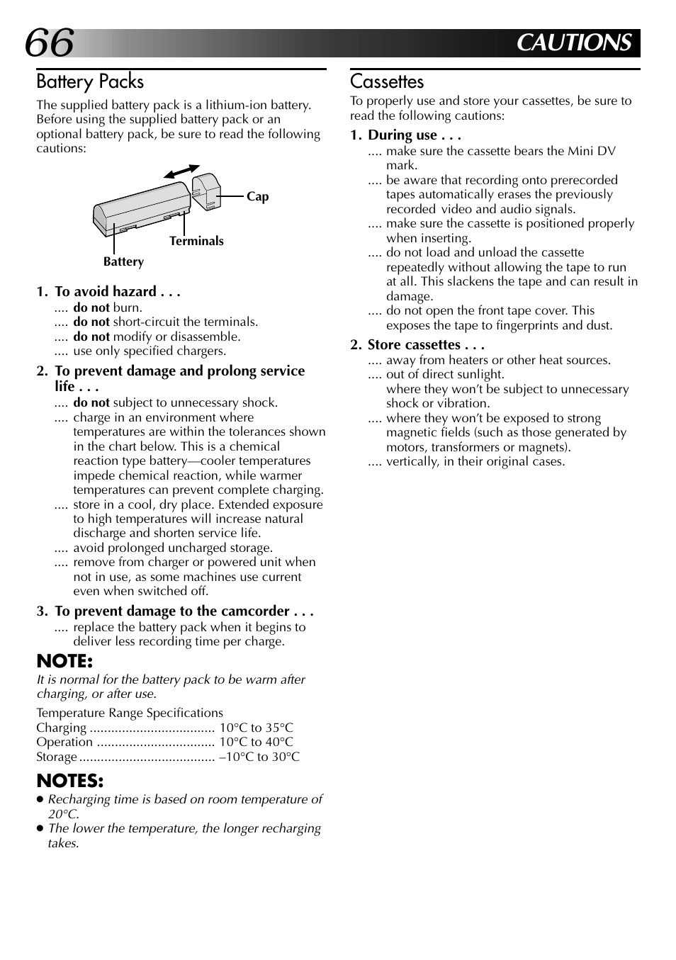 Cautions, Battery packs, Cassettes | JVC GR-DVJ70 User Manual | Page 66 / 72