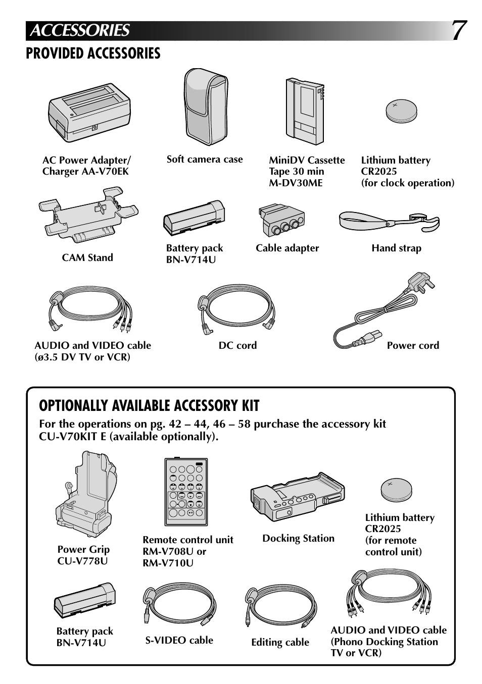 Accessories, Optionally available accessory kit, Provided accessories | JVC GR-DVJ70 User Manual | Page 7 / 72
