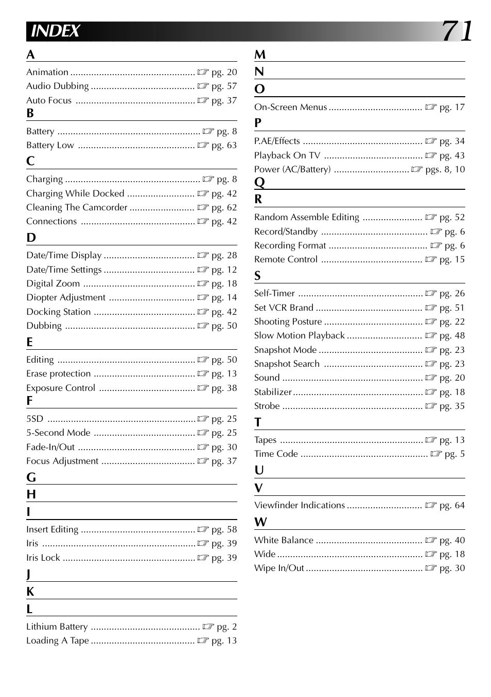 Index, G h i, J k l | M n o | JVC GR-DVJ70 User Manual | Page 71 / 72