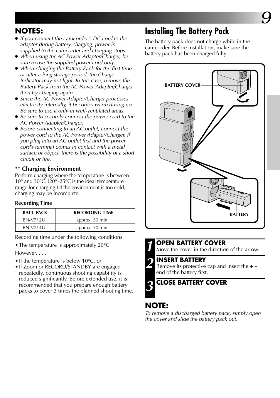 Installing the battery pack | JVC GR-DVJ70 User Manual | Page 9 / 72