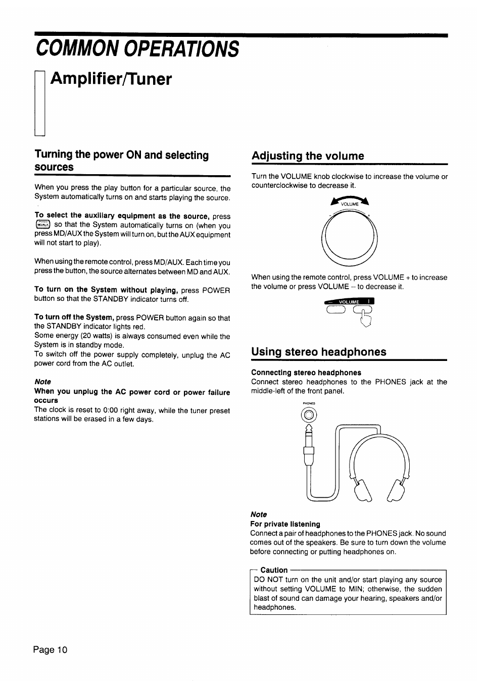 Common operations, Amplifier/tuner, Turning the power on and selecting sources | Adjusting the volume, Using stereo headphones, Connecting stereo headphones, Caution | JVC CA-V605T User Manual | Page 14 / 40