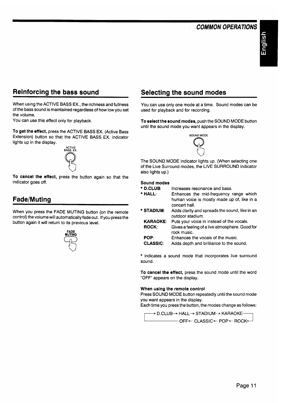 When using the remote control, Using the remote control unit, Reinforcing the bass sound | Fade/muting, Seiecting the sound modes | JVC CA-V605T User Manual | Page 15 / 40