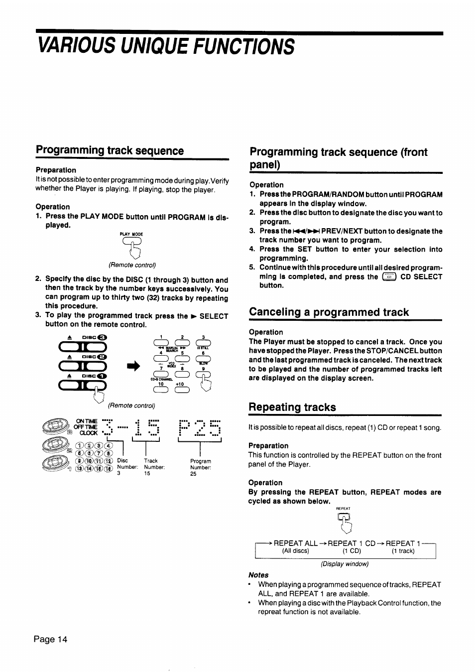 Various unique functions, Chhd, Programming track sequence | Programming track sequence (front panei), Canceiing a programmed track, Repeating tracks, Page 14 | JVC CA-V605T User Manual | Page 18 / 40