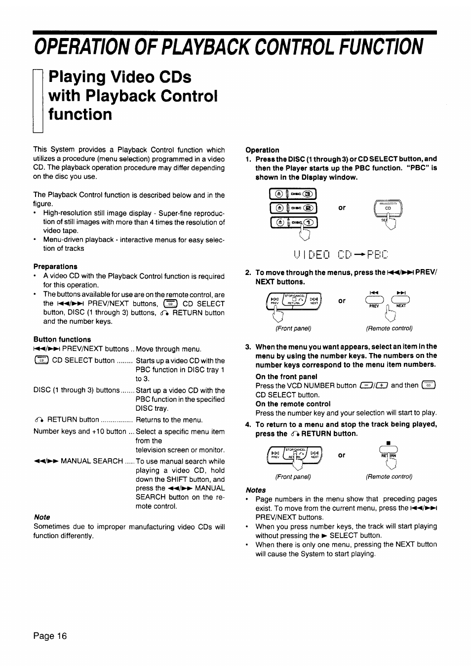 Operation of playback control function, Playing video cds with playback control function, Preparations | Button functions, Operation, To move through the menus, press the prev, Video cd with playback control function, I © ii, Uideo cd —pbc | JVC CA-V605T User Manual | Page 20 / 40