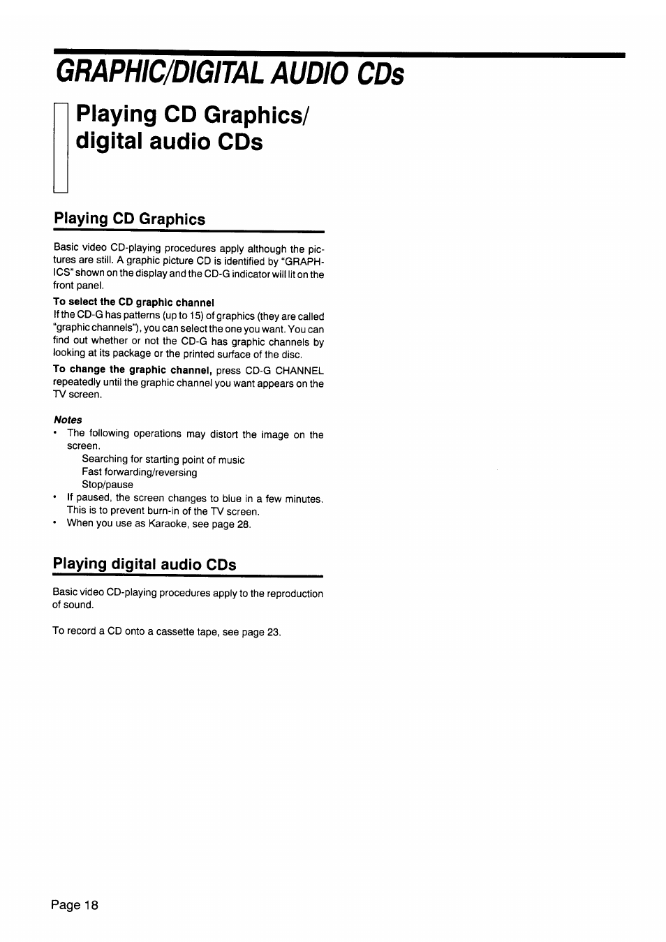 Graphic/digital audio cds, Playing cd graphics/ digital audio cds, Playing cd graphics | Playing digital audio cds, Playing cd graphics/digital audio cds | JVC CA-V605T User Manual | Page 22 / 40