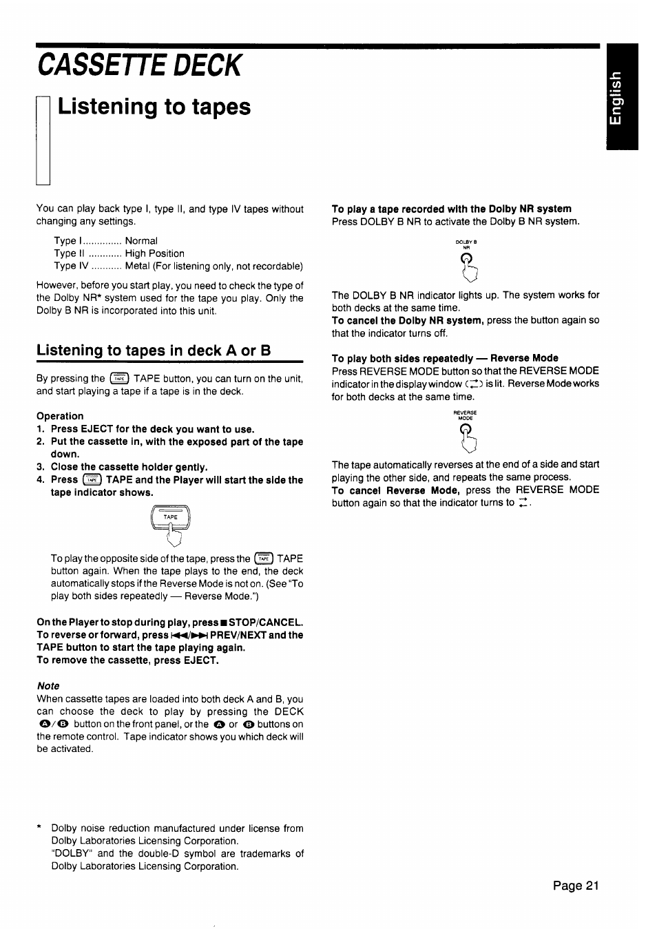 Cassette deck, Listening to tapes, Listening to tapes in deck a or b | JVC CA-V605T User Manual | Page 25 / 40