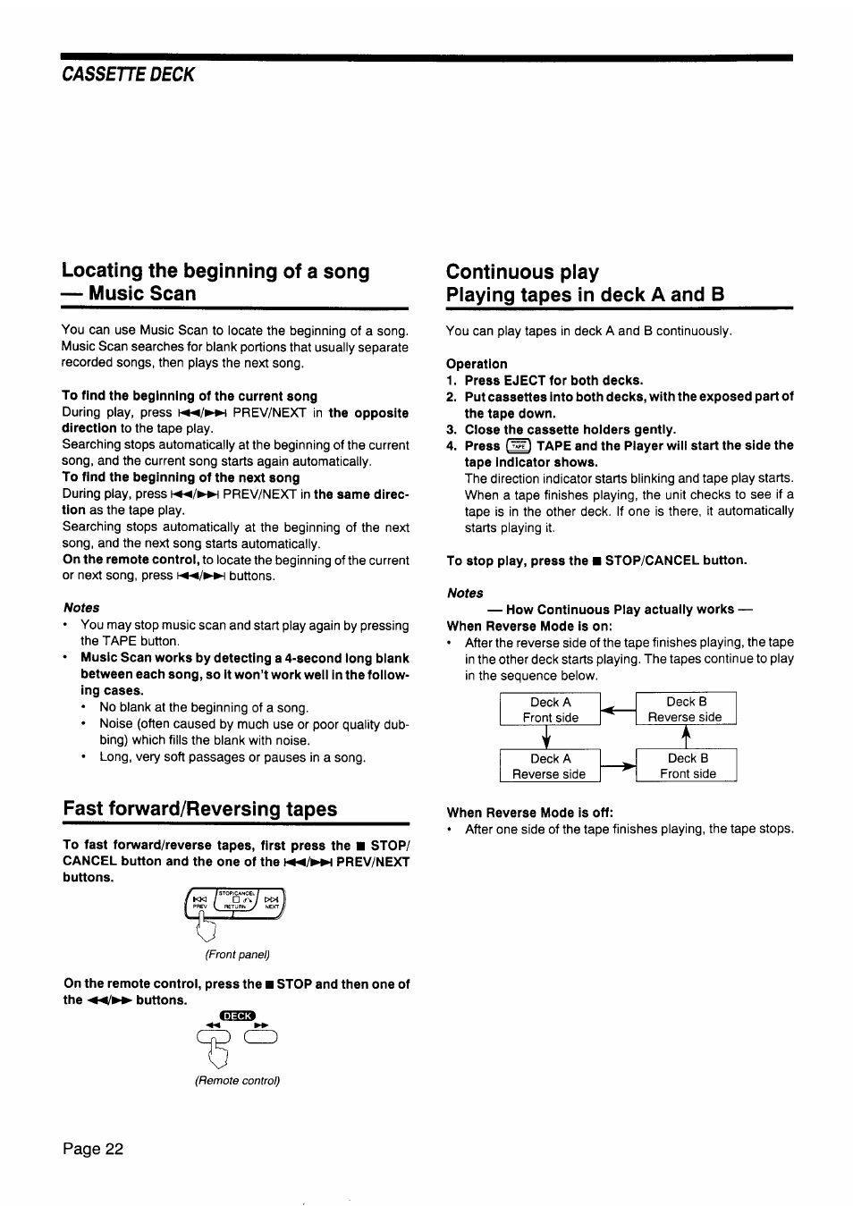 To find the beginning of the current song, Operation, Press eject for both decks | Close the cassette holders gently, To stop play, press the ■ stop/cancel button, When reverse mode is off, Locating the beginning of a song — music scan, Continuous play playing tapes in deck a and b, Fast forward/reversing tapes | JVC CA-V605T User Manual | Page 26 / 40