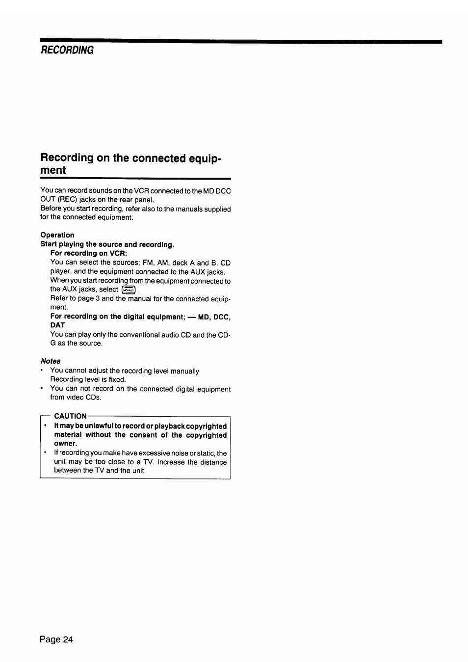 Recording on the connected equipment, Operation, Caution | Recording on the connected equip­ ment, Recording, Page 24 | JVC CA-V605T User Manual | Page 28 / 40