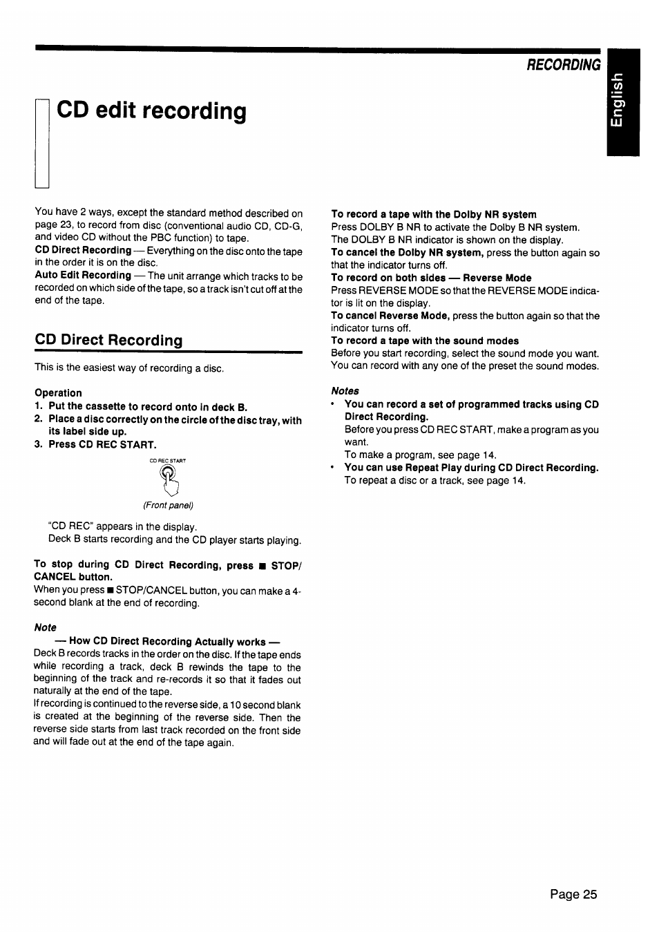 Cd edit recording, Cd direct recording, Recordina | JVC CA-V605T User Manual | Page 29 / 40