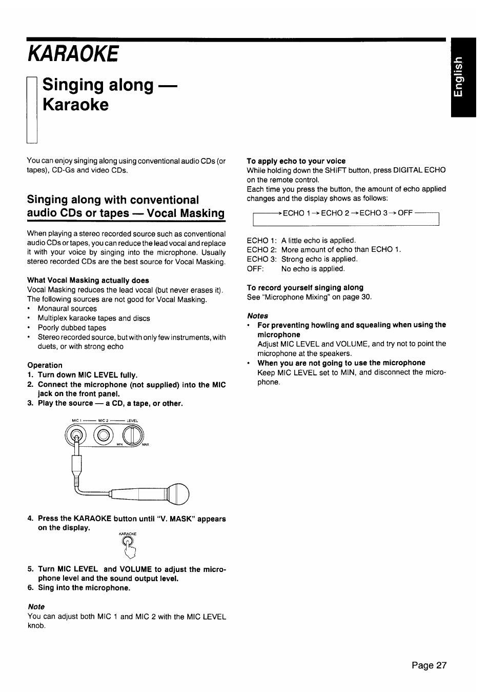 Karaoke, Singing aiong karaoke, What vocal masking actually does | Operation, Turn down mic level fully, Play the source — a cd, a tape, or other, To apply echo to your voice, To record yourself singing along, Sing into the microphone, Singing along — karaoke | JVC CA-V605T User Manual | Page 31 / 40