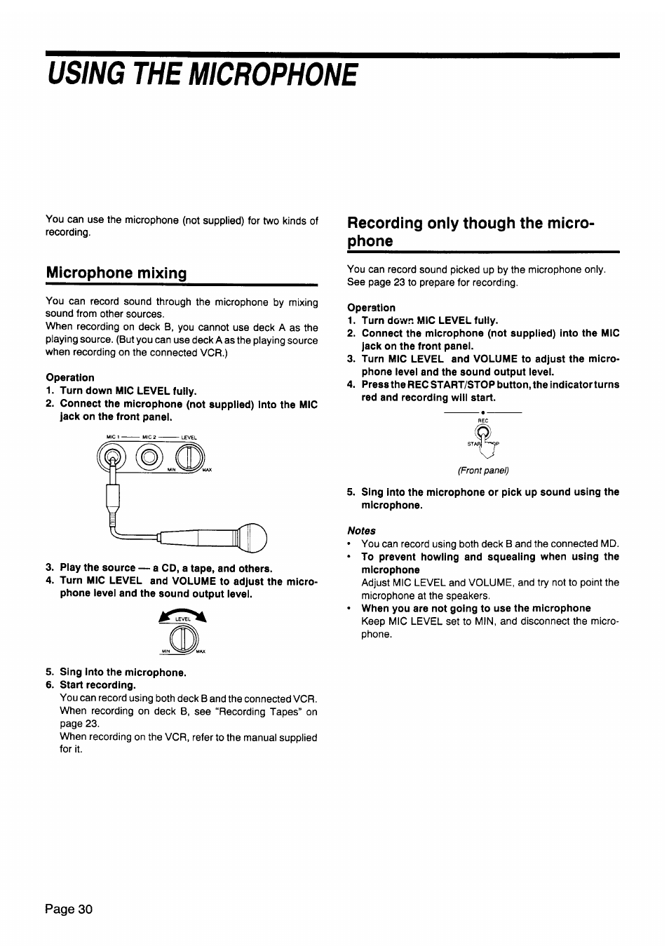 Using the microphone, Microphone mixing, Recording oniy though the microphone | Recording only through the microphone, Recording oniy though the micro­ phone | JVC CA-V605T User Manual | Page 34 / 40