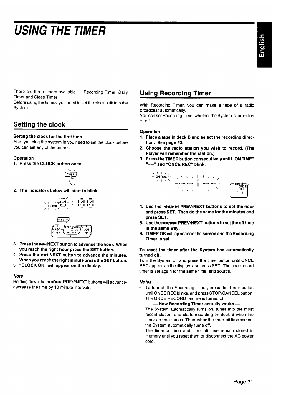 Using the timer, Setting the clock, Using recording timer | JVC CA-V605T User Manual | Page 35 / 40