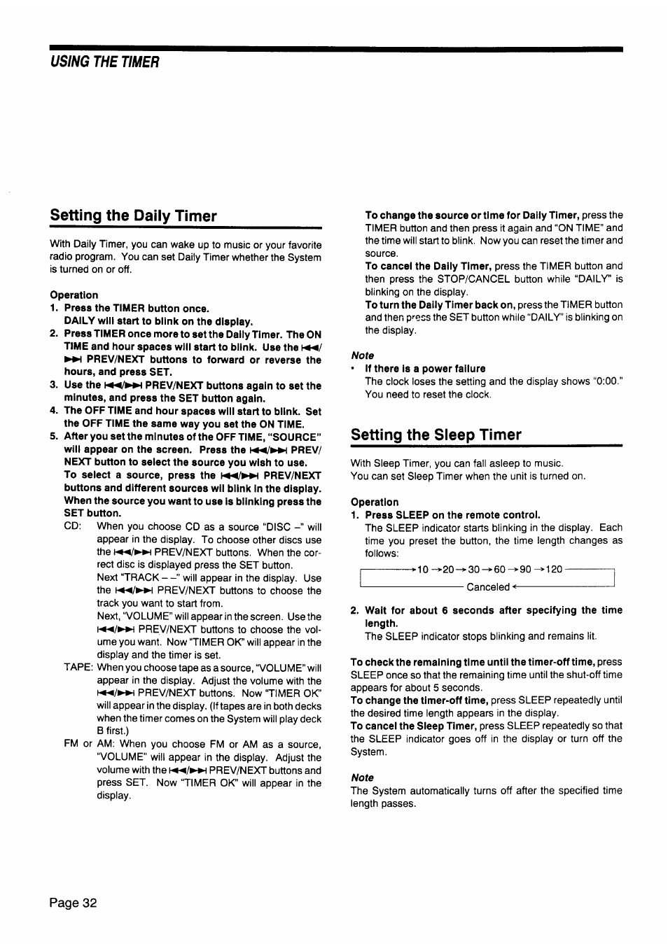 Setting the daily timer, Operation, Press the timer button once | Use the prev/next buttons again to set the, After you set the minutes of the off time, “source, Setting the sleep timer, Press sleep on the remote control | JVC CA-V605T User Manual | Page 36 / 40