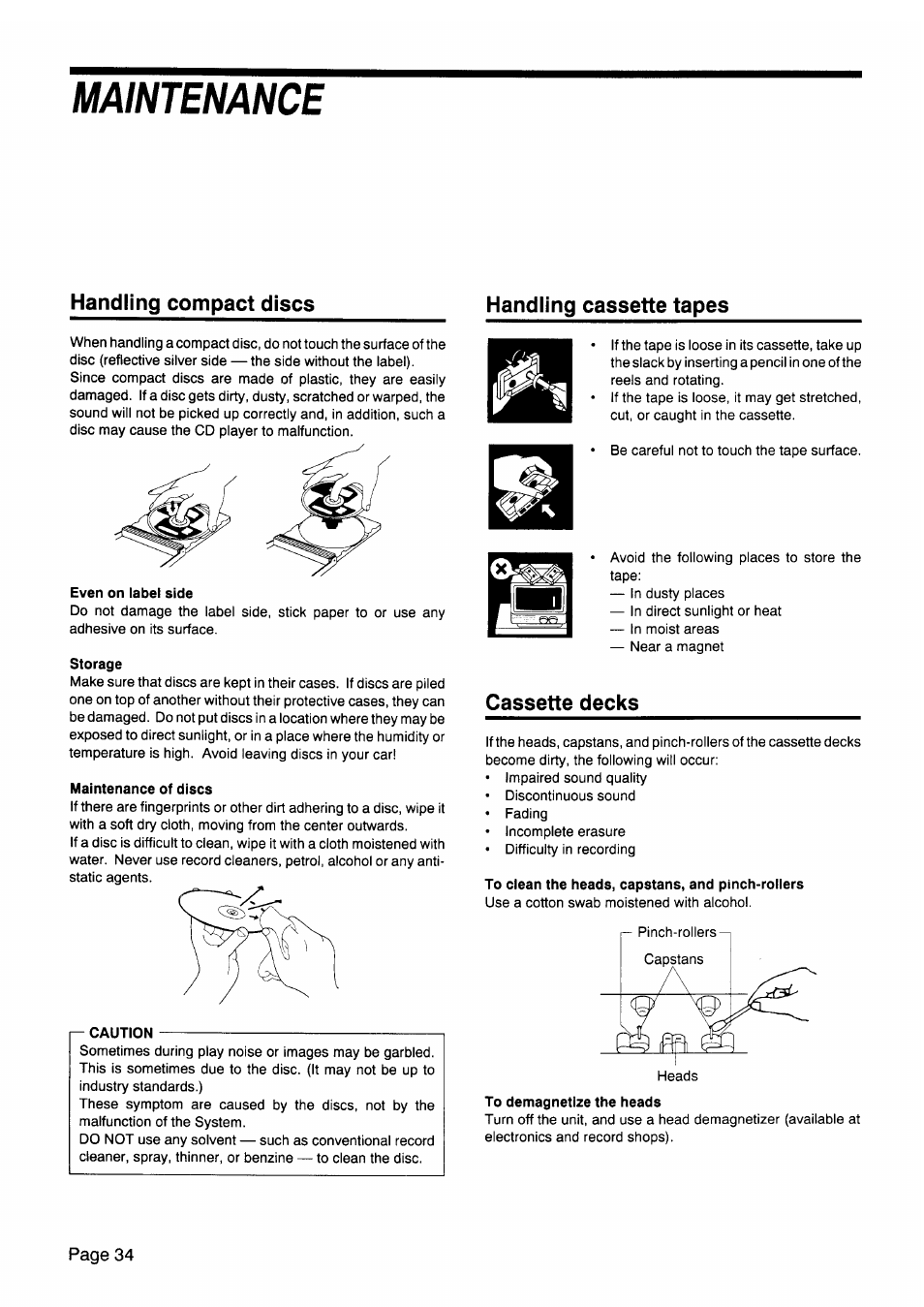 Maintenance, Handling compact discs, Handiing cassette tapes | Even on label side, Storage, Maintenance of discs, Caution, Cassette decks, To clean the heads, capstans, and pinch-rollers, To demagnetize the heads | JVC CA-V605T User Manual | Page 38 / 40