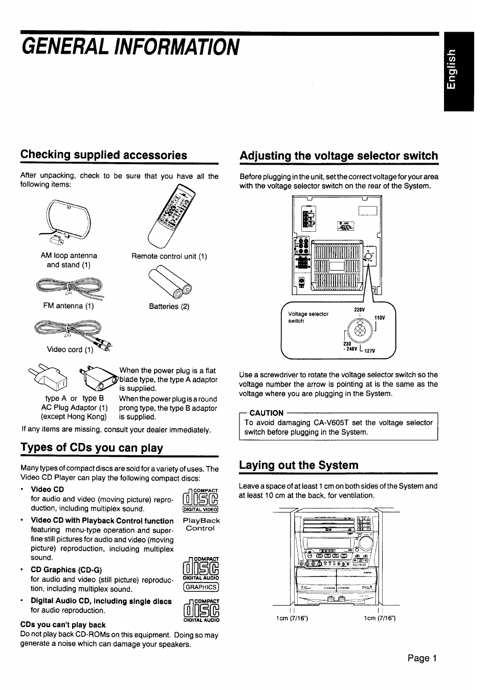 General information, Checking supplied accessories, Types of cds you can piay | Adjusting the voltage selector switch, Caution, Laying out the system, Types of cds you can play | JVC CA-V605T User Manual | Page 5 / 40