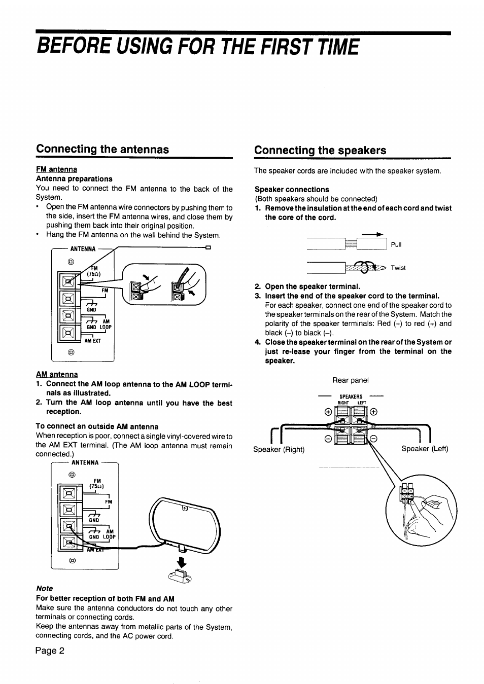 Before using for the first time, Fm antenna antenna preparations, Am antenna | To connect an outside am antenna, Speaker connections, Open the speaker terminal, Insert the end of the speaker cord to the terminal, Connecting the antennas, Connecting the speakers | JVC CA-V605T User Manual | Page 6 / 40