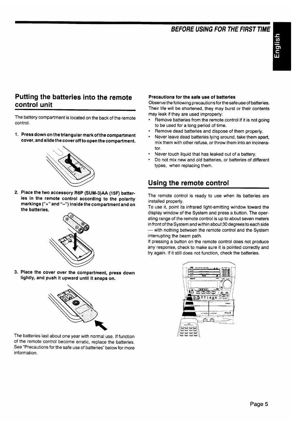 Precautions for the safe use of batteries, Putting the batteries into the remote controi unit, Using the remote control | Before using for the first time, Page 5 | JVC CA-V605T User Manual | Page 9 / 40