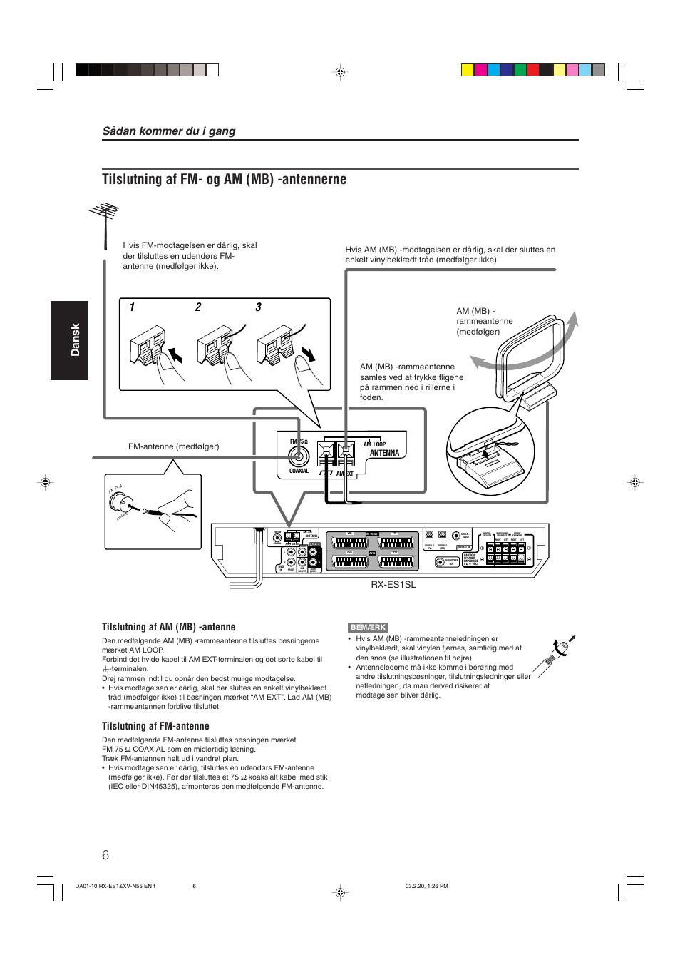 Tilslutning af fm- og am (mb) -antennerne, Sådan kommer du i gang, Dansk | Tilslutning af am (mb) -antenne, Tilslutning af fm-antenne, Rx-es1sl, Antenna | JVC RX-ES1SL User Manual | Page 12 / 76