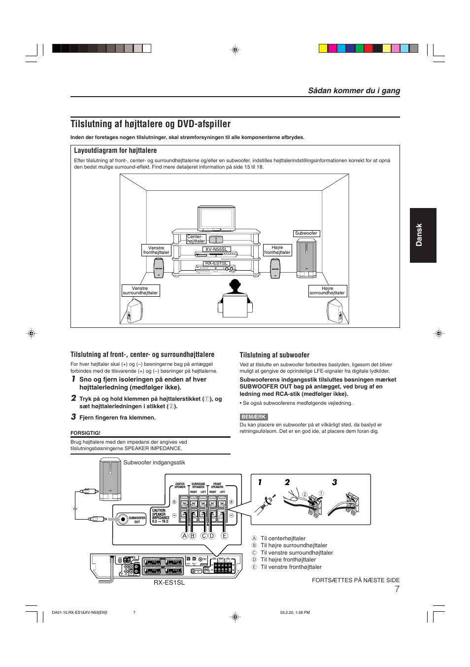 Tilslutning af højttalere og dvd-afspiller, Sådan kommer du i gang, Dansk | 12 3 ab cd e, Layoutdiagram for højttalere, Center, Tilslutning af subwoofer, Rx-es1sl | JVC RX-ES1SL User Manual | Page 13 / 76