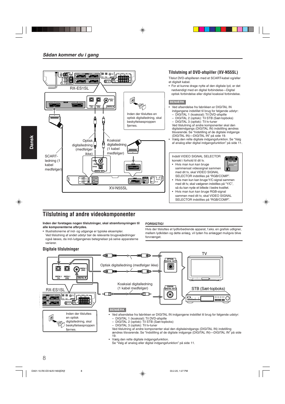 Tilslutning af andre videokomponenter, Sådan kommer du i gang, Dansk | Tilslutning af dvd-afspiller (xv-n55sl), Center, Digitale tilslutninger, Rx-es1sl xv-n55sl, Stb (sæt-topboks) tv, Rx-es1sl | JVC RX-ES1SL User Manual | Page 14 / 76
