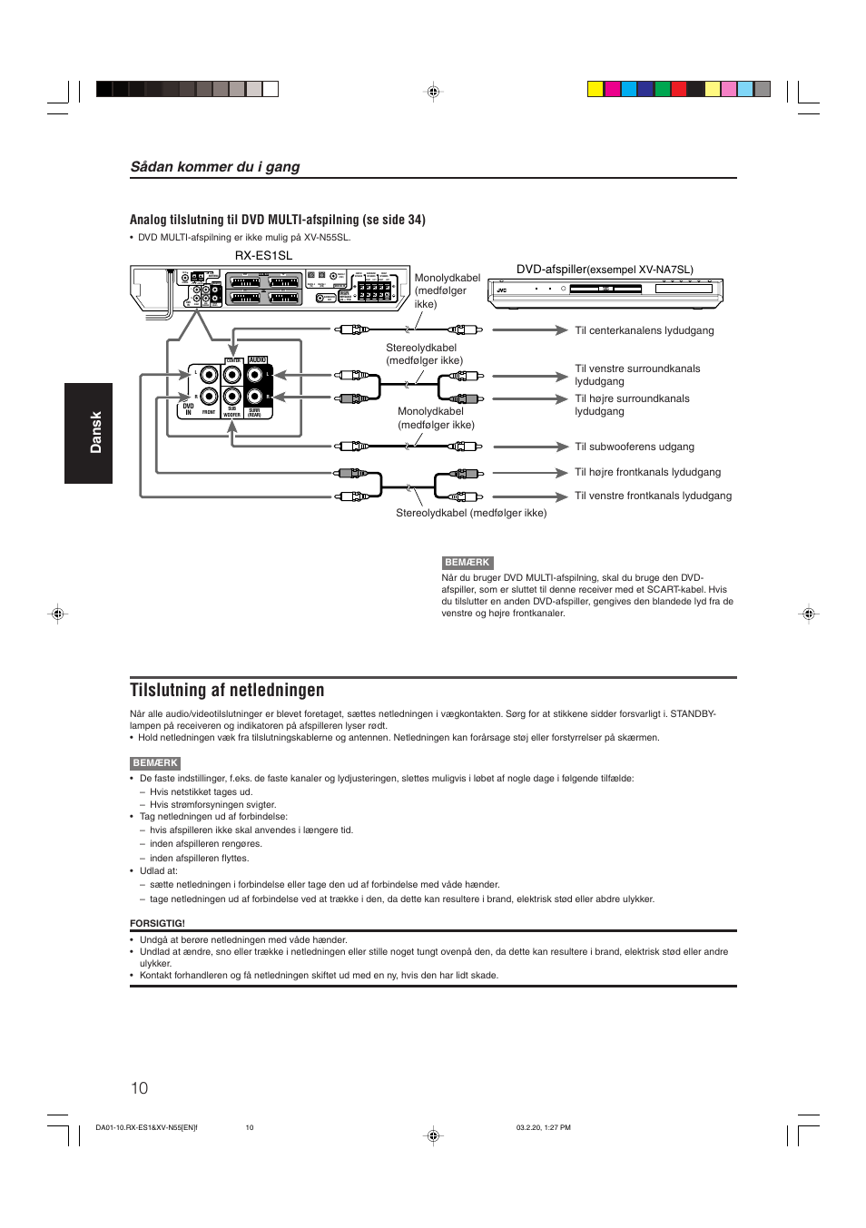 Tilslutning af netledningen, Sådan kommer du i gang, Dansk | Center, Dvd-afspiller, Rx-es1sl, Exsempel xv-na7sl), Dvd multi-afspilning er ikke mulig på xv-n55sl | JVC RX-ES1SL User Manual | Page 16 / 76