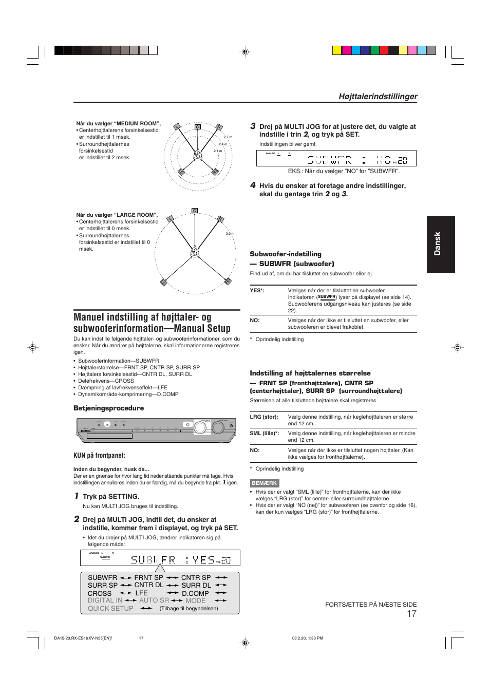 Højttalerindstillinger, Dansk | JVC RX-ES1SL User Manual | Page 23 / 76