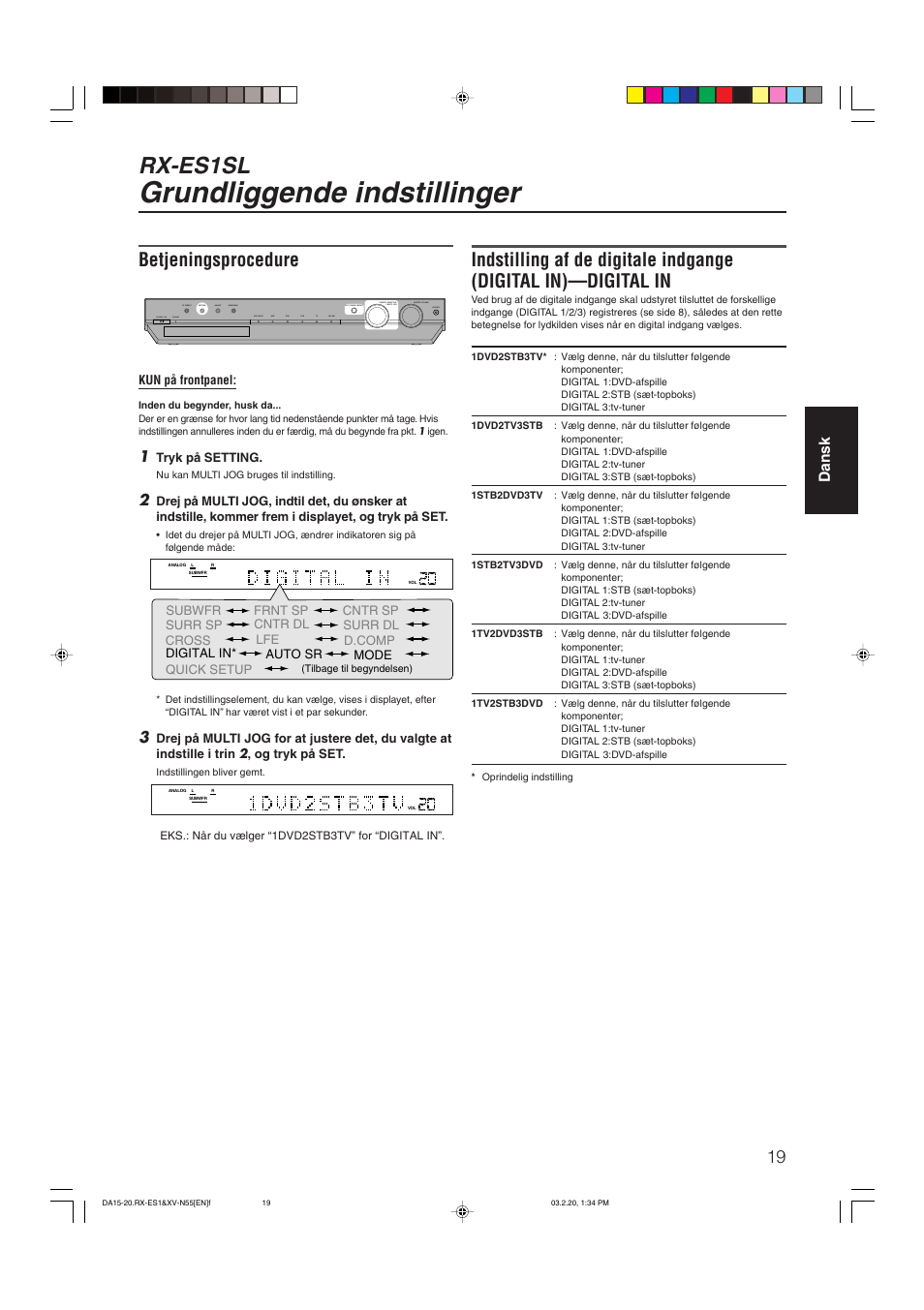 Grundliggende indstillinger, Rx-es1sl, Betjeningsprocedure | JVC RX-ES1SL User Manual | Page 25 / 76