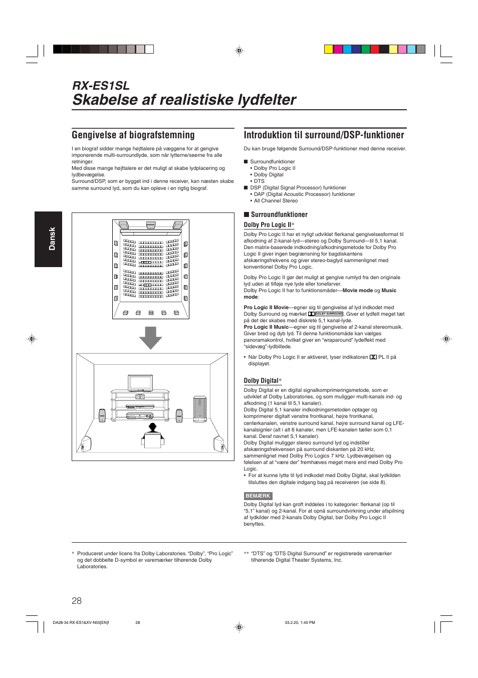 Skabelse af realistiske lydfelter, Rx-es1sl, Gengivelse af biografstemning | Introduktion til surround/dsp-funktioner | JVC RX-ES1SL User Manual | Page 34 / 76