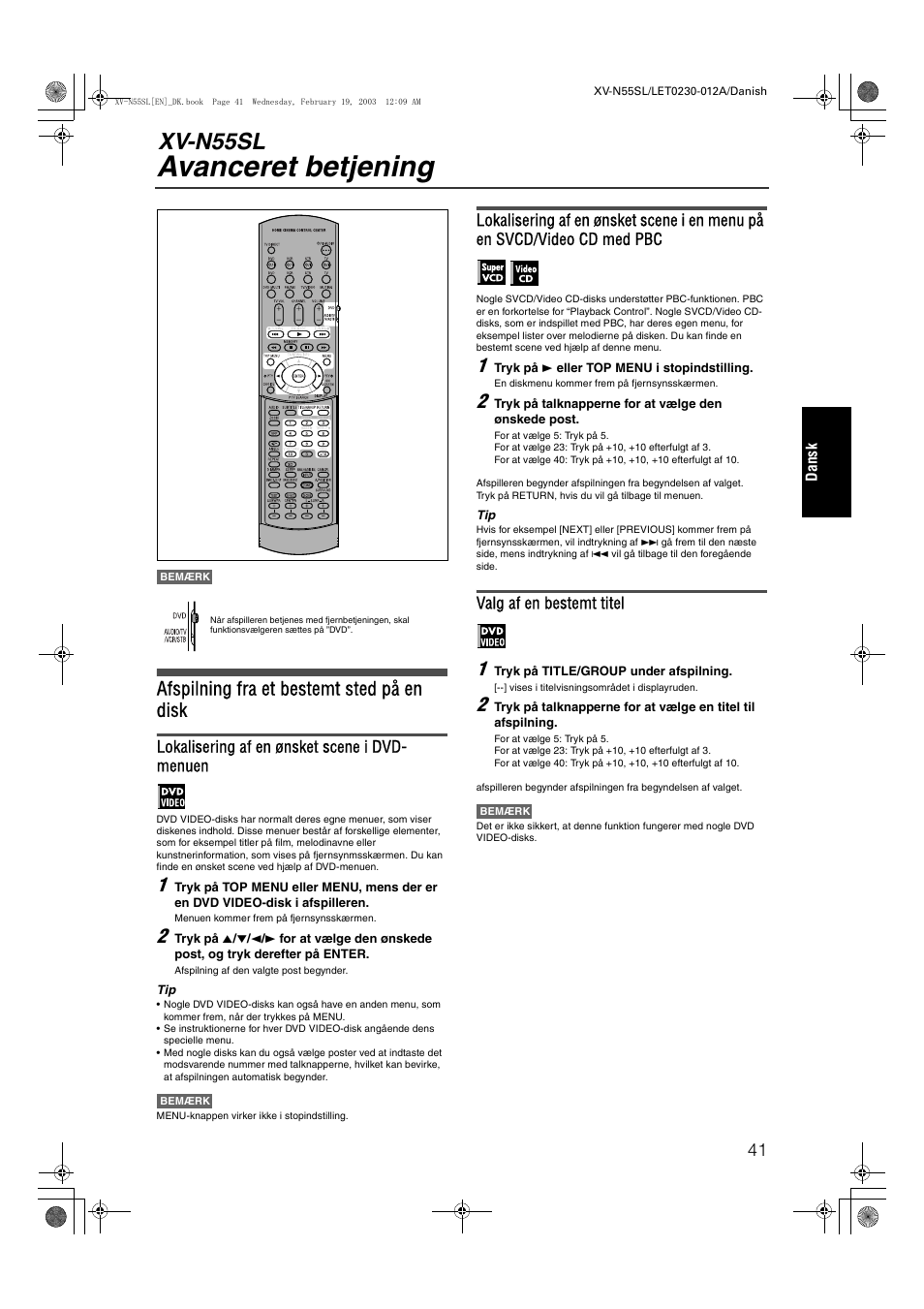 Avanceret betjening, Xv-n55sl, Afspilning fra et bestemt sted på en disk | JVC RX-ES1SL User Manual | Page 47 / 76