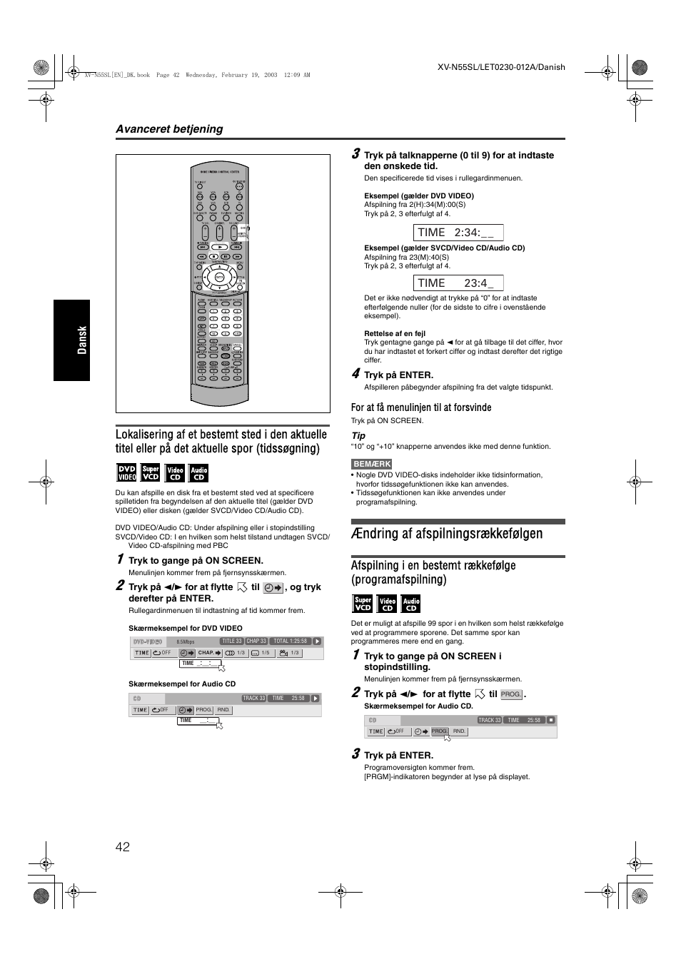 Ændring af afspilningsrækkefølgen, Avanceret betjening, Dansk | JVC RX-ES1SL User Manual | Page 48 / 76