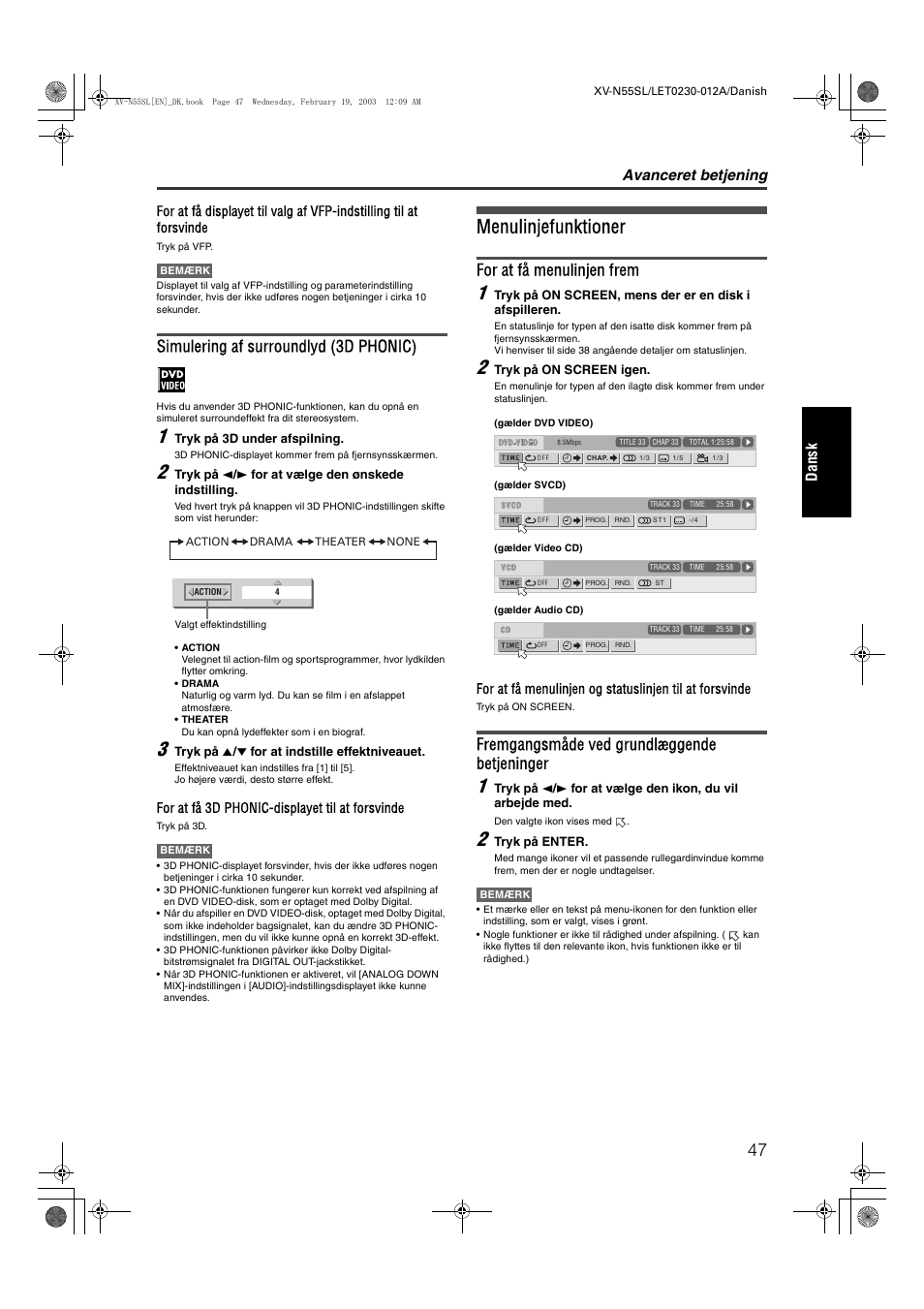 Menulinjefunktioner, Simulering af surroundlyd (3d phonic), For at få menulinjen frem | Fremgangsmåde ved grundlæggende betjeninger, Avanceret betjening, Dans k | JVC RX-ES1SL User Manual | Page 53 / 76