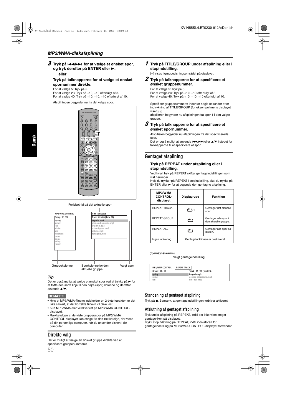 Direkte valg, Gentaget afspilning, Mp3/wma-diskafspilning | Dansk | JVC RX-ES1SL User Manual | Page 56 / 76
