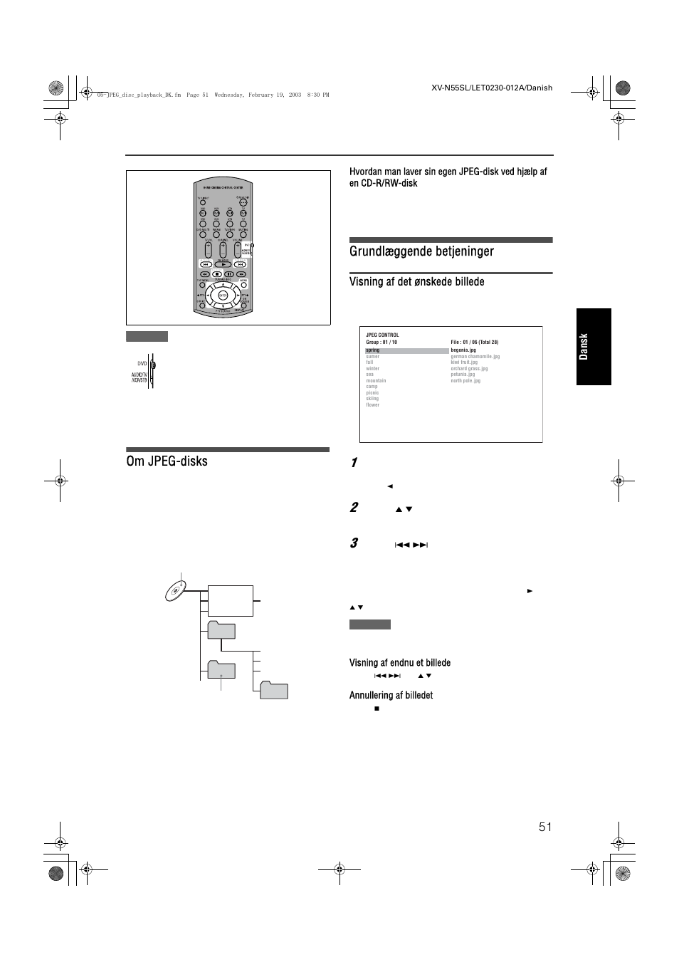 Jpeg-diskafspilning, Xv-n55sl, Om jpeg-disks | Grundlæggende betjeninger, Visning af det ønskede billede | JVC RX-ES1SL User Manual | Page 57 / 76