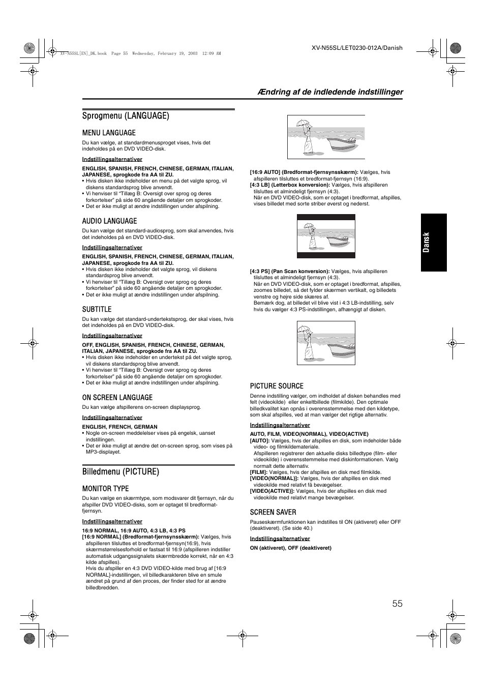 Sprogmenu (language), Billedmenu (picture), Ændring af de indledende indstillinger | Dans k | JVC RX-ES1SL User Manual | Page 61 / 76