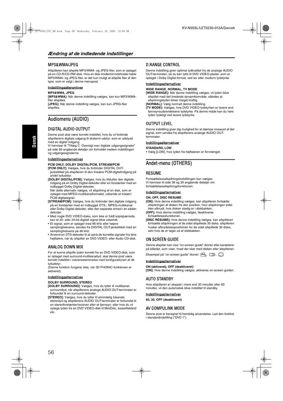 Audiomenu (audio), Andet-menu (others), Ændring af de indledende indstillinger | Dansk | JVC RX-ES1SL User Manual | Page 62 / 76