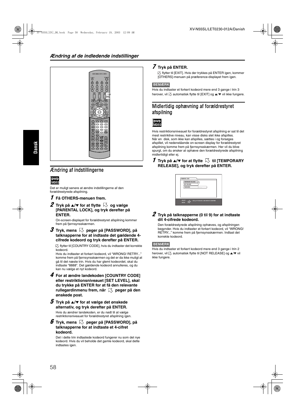 Ændring af indstillingerne, Midlertidig ophævning af forældrestyret afspilning | JVC RX-ES1SL User Manual | Page 64 / 76