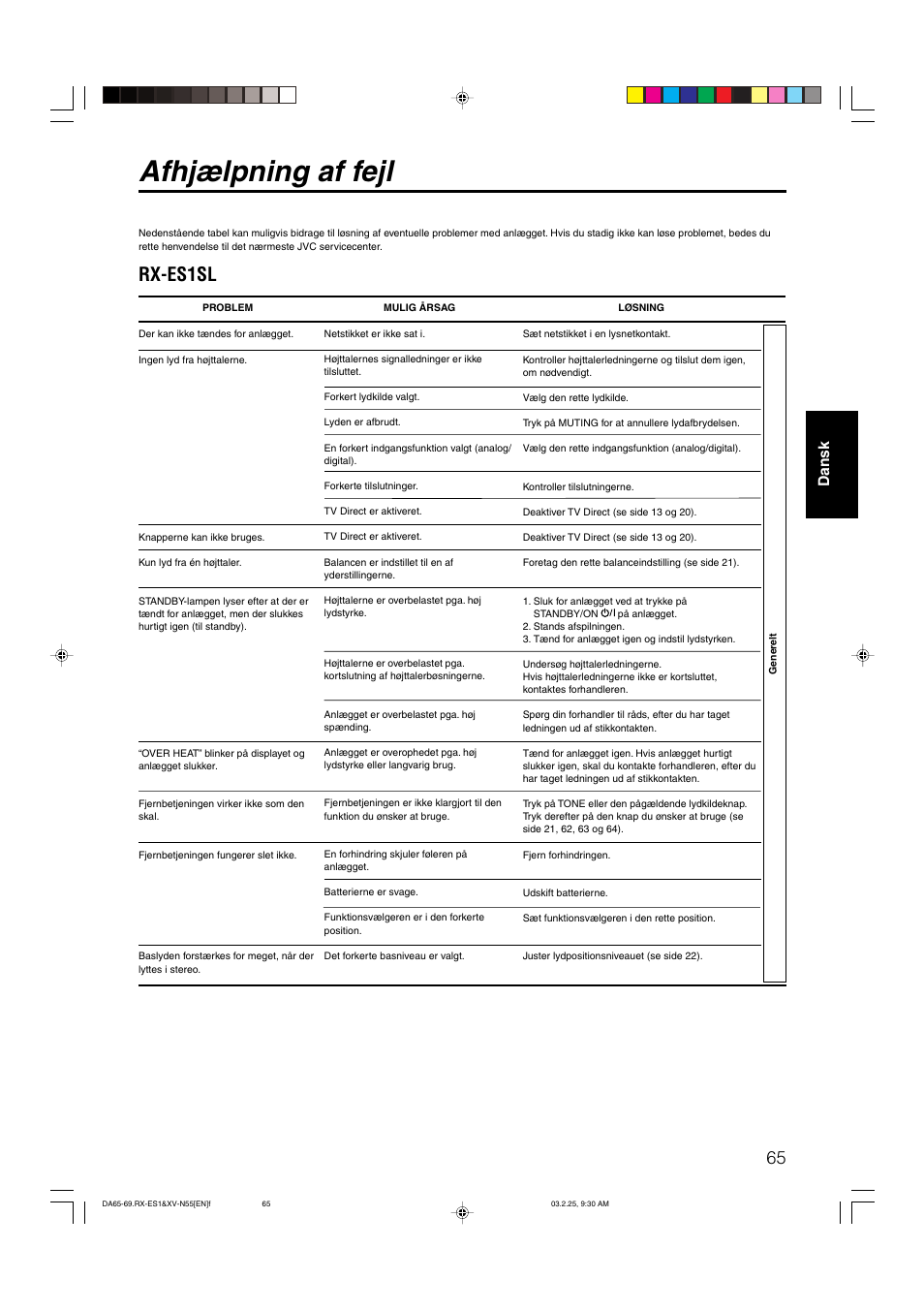 Afhjælpning af fejl, Rx-es1sl, Dansk | JVC RX-ES1SL User Manual | Page 71 / 76