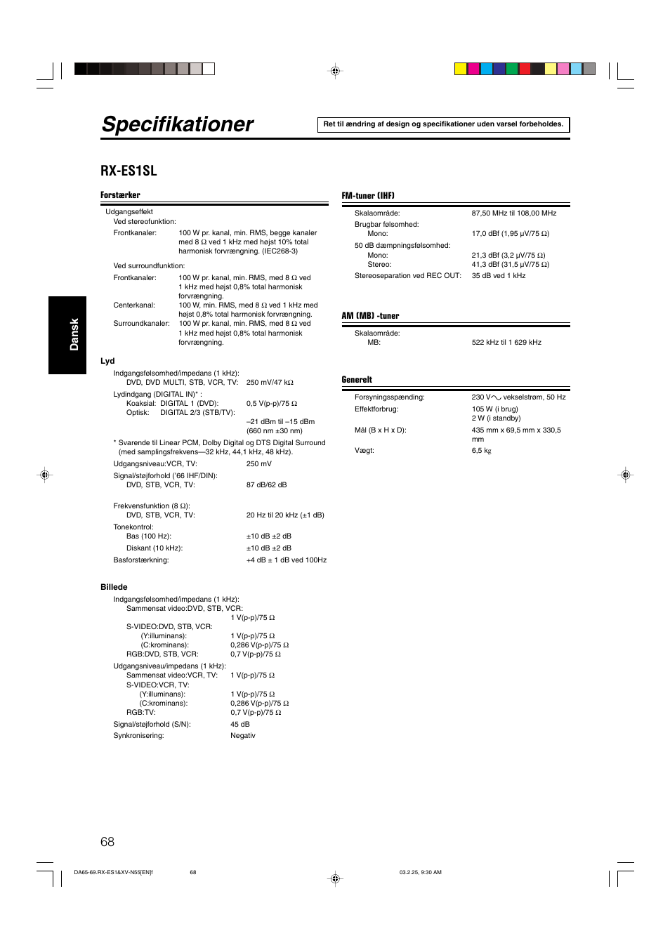 Specifikationer, Rx-es1sl, Dansk | JVC RX-ES1SL User Manual | Page 74 / 76