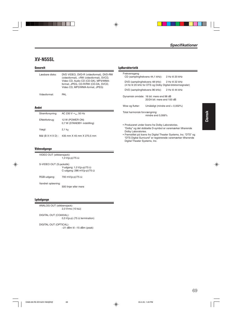 Xv-n55sl, Specifikationer, Dansk | JVC RX-ES1SL User Manual | Page 75 / 76