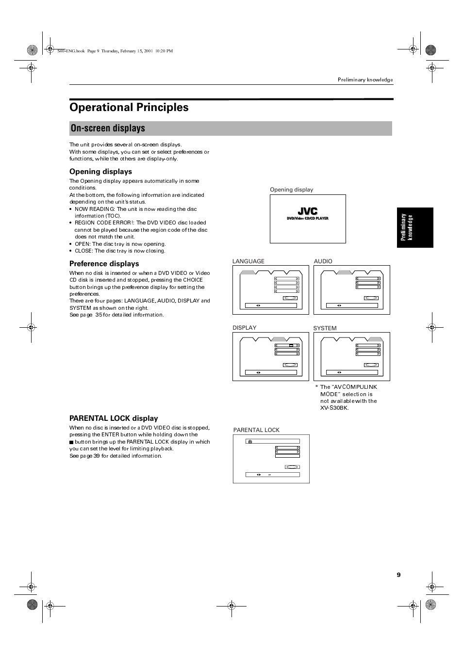 Operational principles, On-screen displays, Opening displays | Preference displays, Parental lock display | JVC XV-E100SL User Manual | Page 11 / 52